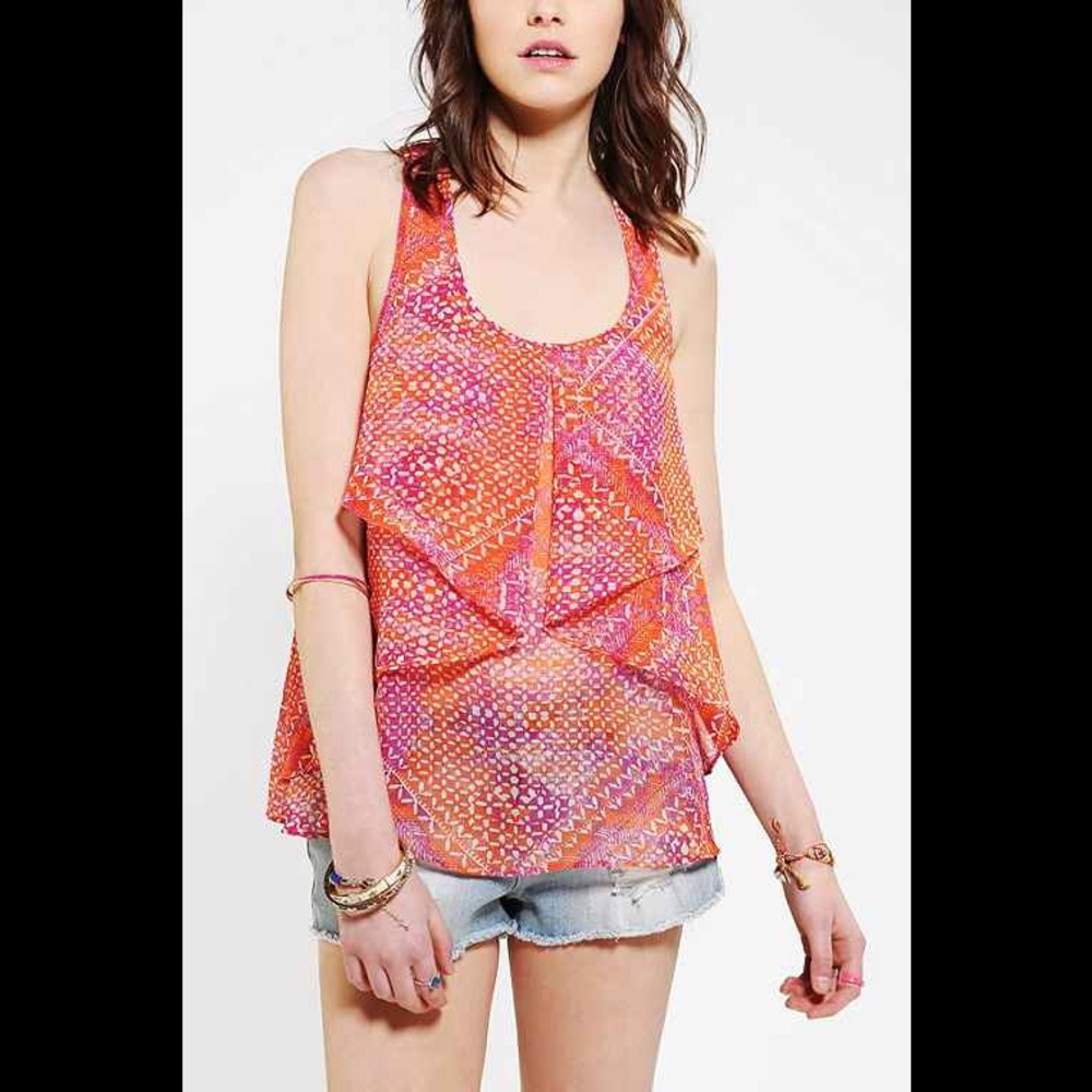 Pink Chiffon Ruffle Crisscross Tank Top Blouse